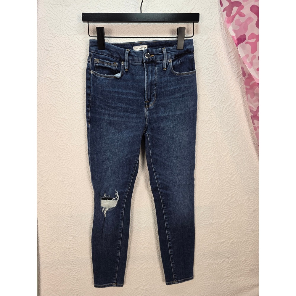 Good American Good Legs High Rise Skinny Jeans Dark Wash Distressed Size 2/26